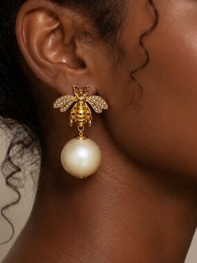 Gold Bee Drop Pearl Earrings - Women Jewelry